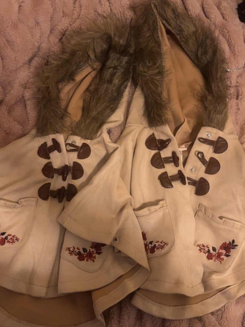 Girls' Cream Hooded Coat with Faux-Fur Trim